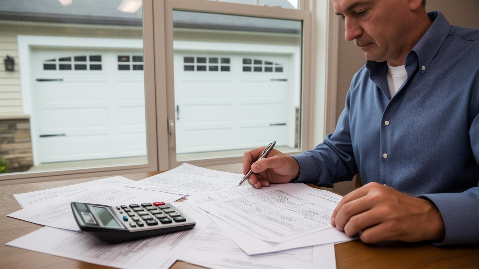 Homeowner reviewing garage door financing paperwork with professional