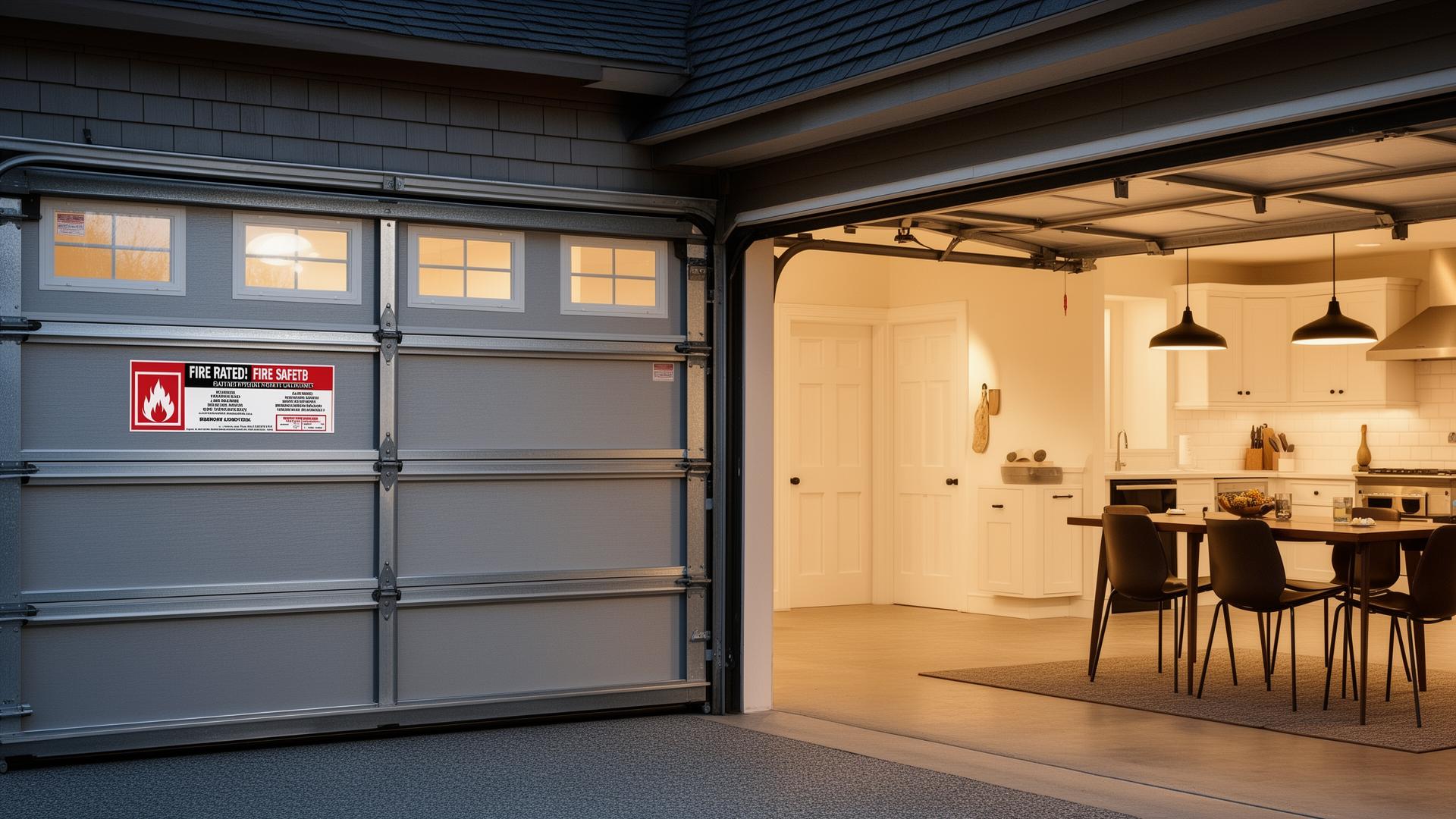 Fire-rated steel garage door with safety certification labels