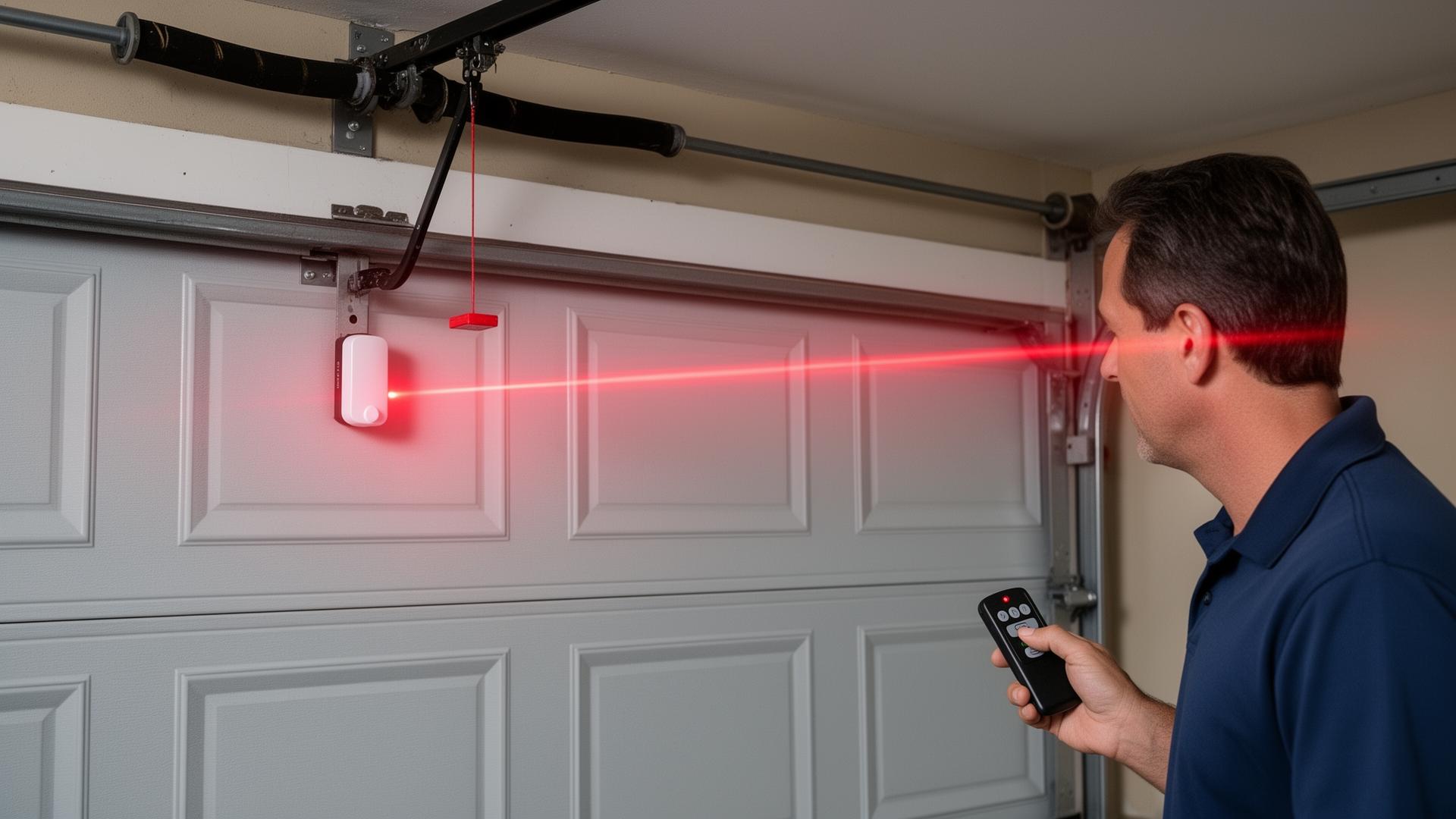Technician testing garage door safety reversal sensors with measuring equipment