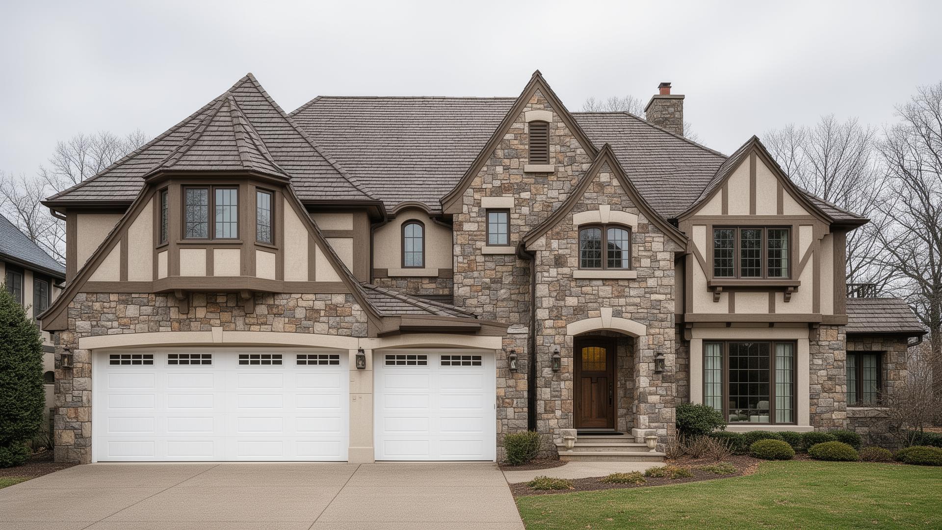 Beautiful Tudor style home with white steel garage doors in New Milford, CT