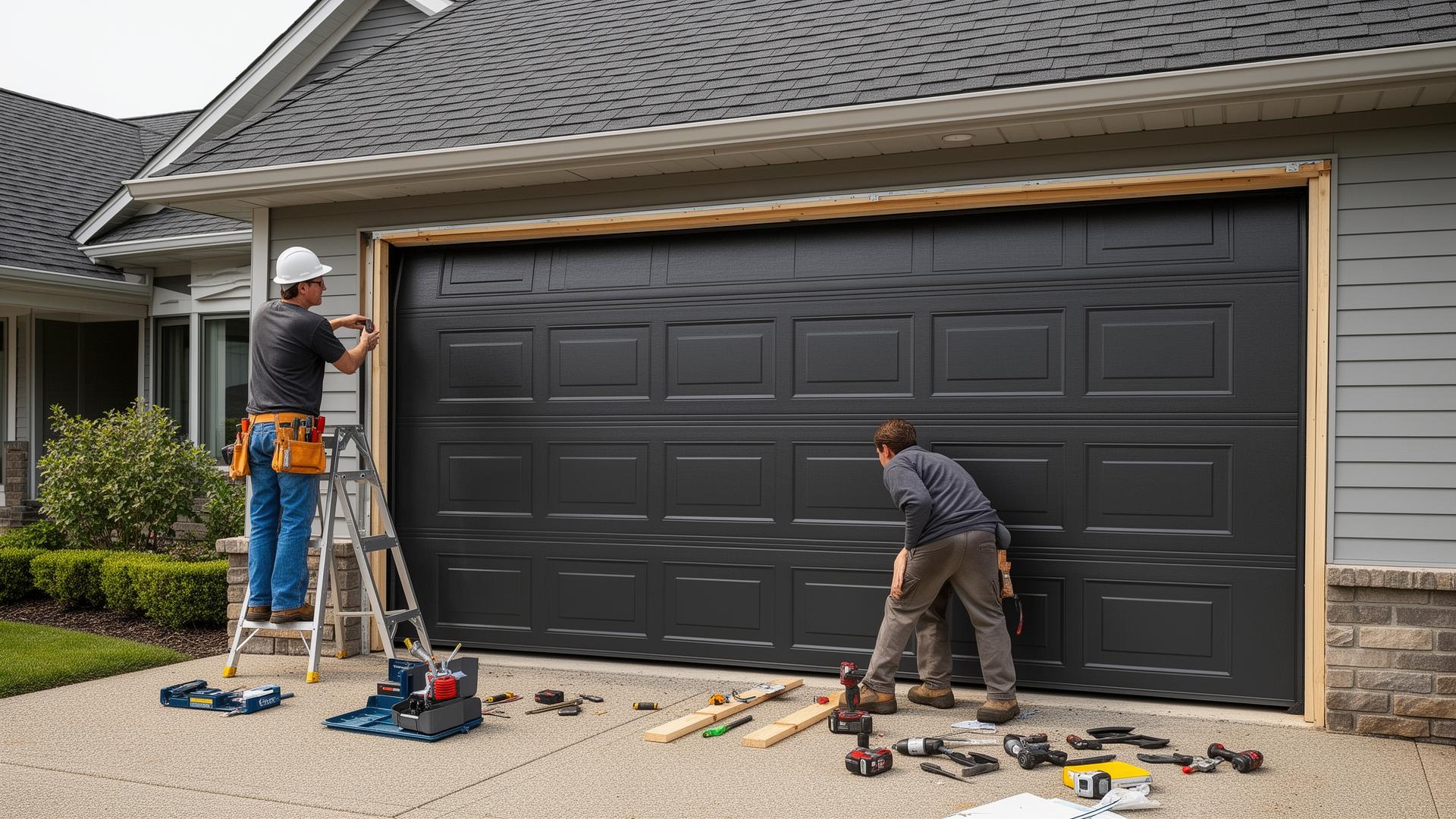 Professional garage door installation with new steel door