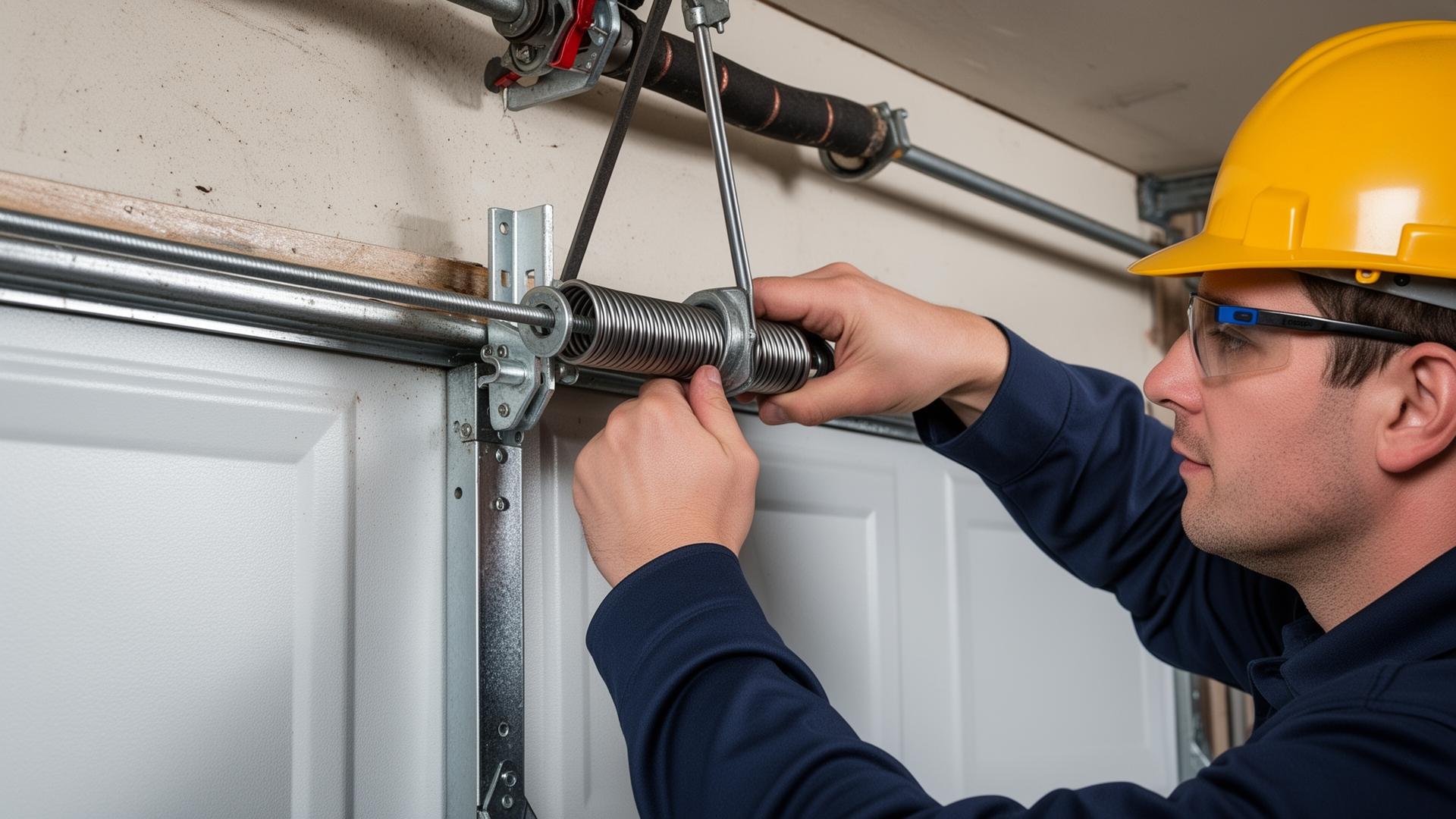 Technician repairing garage door mechanism