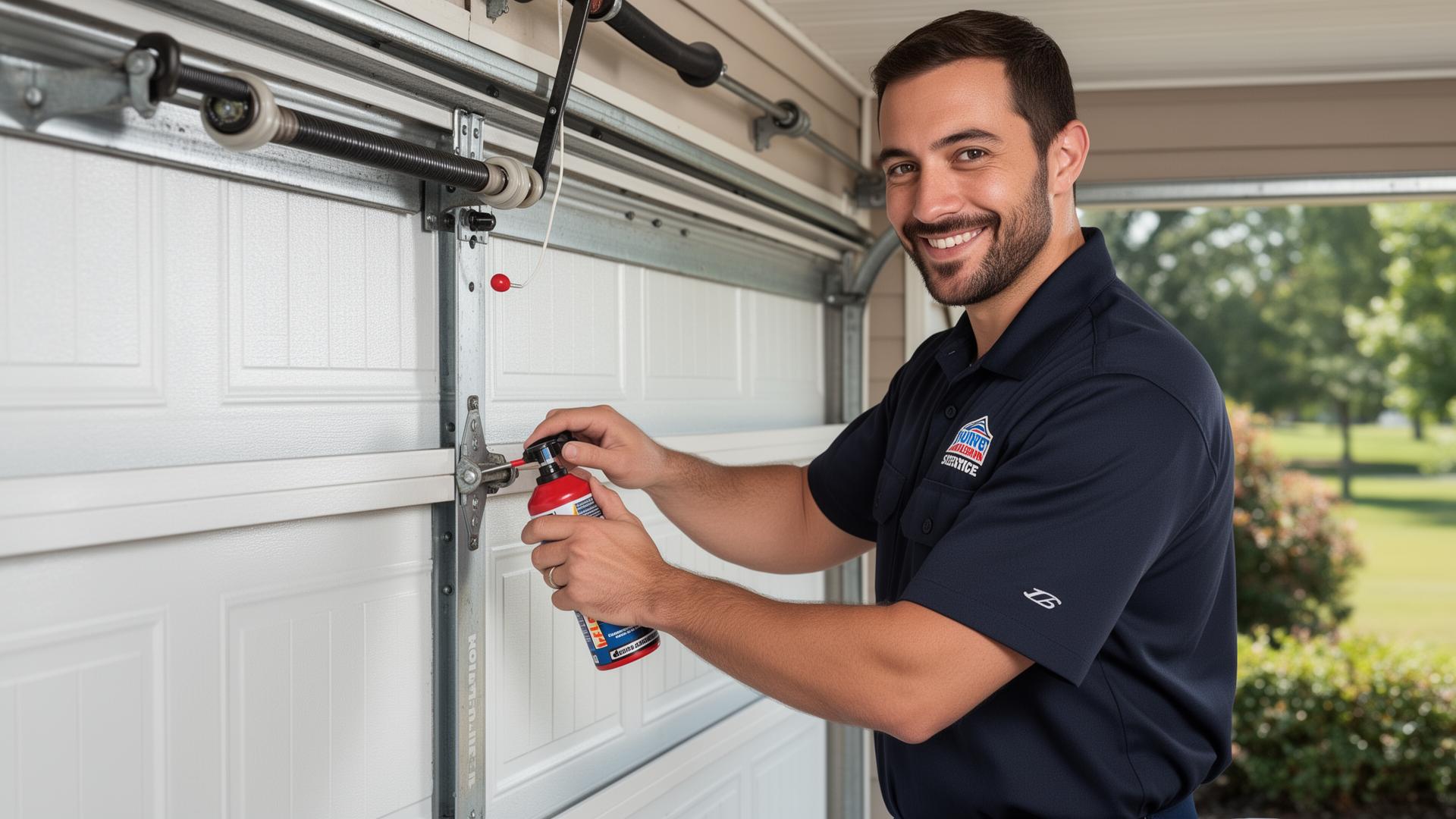 Professional garage door technician servicing a residential garage door in New Milford